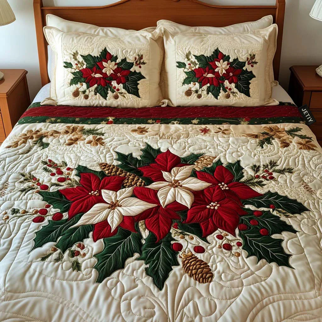 Poinsettia Charm Quilted Bedding Set