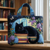 Tote Black Cat Among Books Quilted Tote Bag