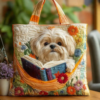 Shih Tzu Bag Featuring Books And Flowers Quilted Tote Bag