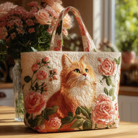 Bag Ginger Cat Surrounded By Roses Quilted Tote Bag