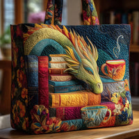 Dragon Reader Bag With Books And Mugs Quilted Tote Bag