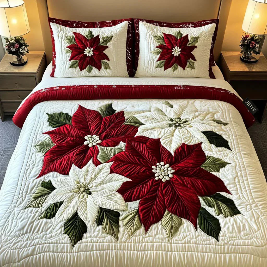 Winter Poinsettia Quilted Bedding Set