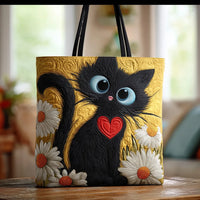 Black Cat Bag Adorned With Daisies Quilted Tote Bag