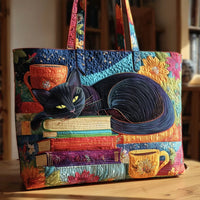 Tote Black Cat Surrounded By Books And Mugs Quilted Tote Bag