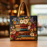Floral Print With Book Quilted Tote Bag