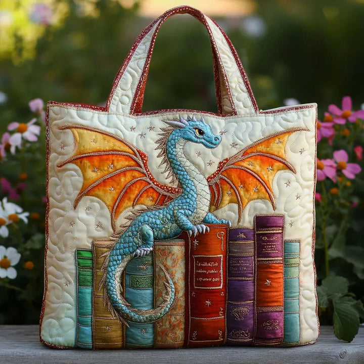Emerald Dragon Keeper Of Books Quilted Tote Bag