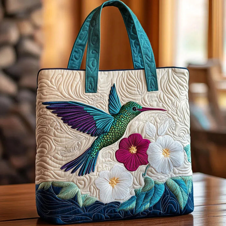 Hummingbird &amp; White Flower Bag Quilted Tote Bag