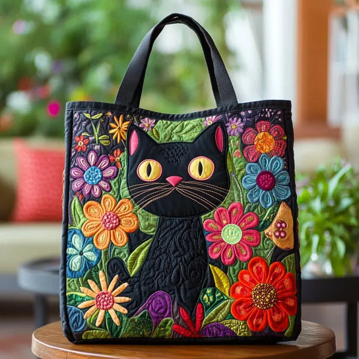 Enchanted Black Cat Bag Quilted Tote Bag