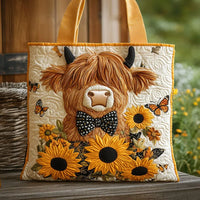 Sunflower Embellished Bag Featuring Highland Cow Quilted Tote Bag