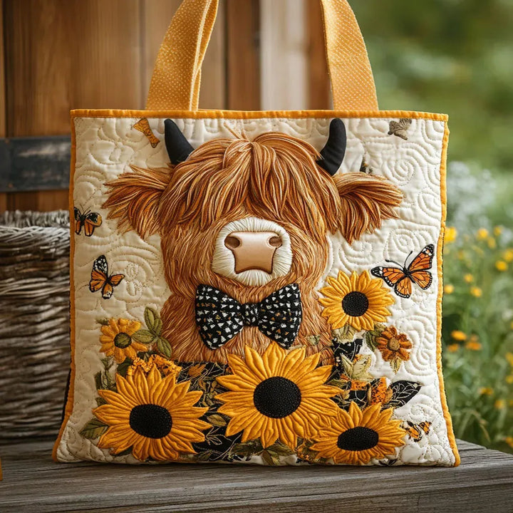 Sunflower Embellished Bag Featuring Highland Cow Quilted Tote Bag