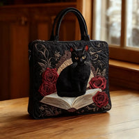 Bag Black Cat Among Books Quilted Tote Bag