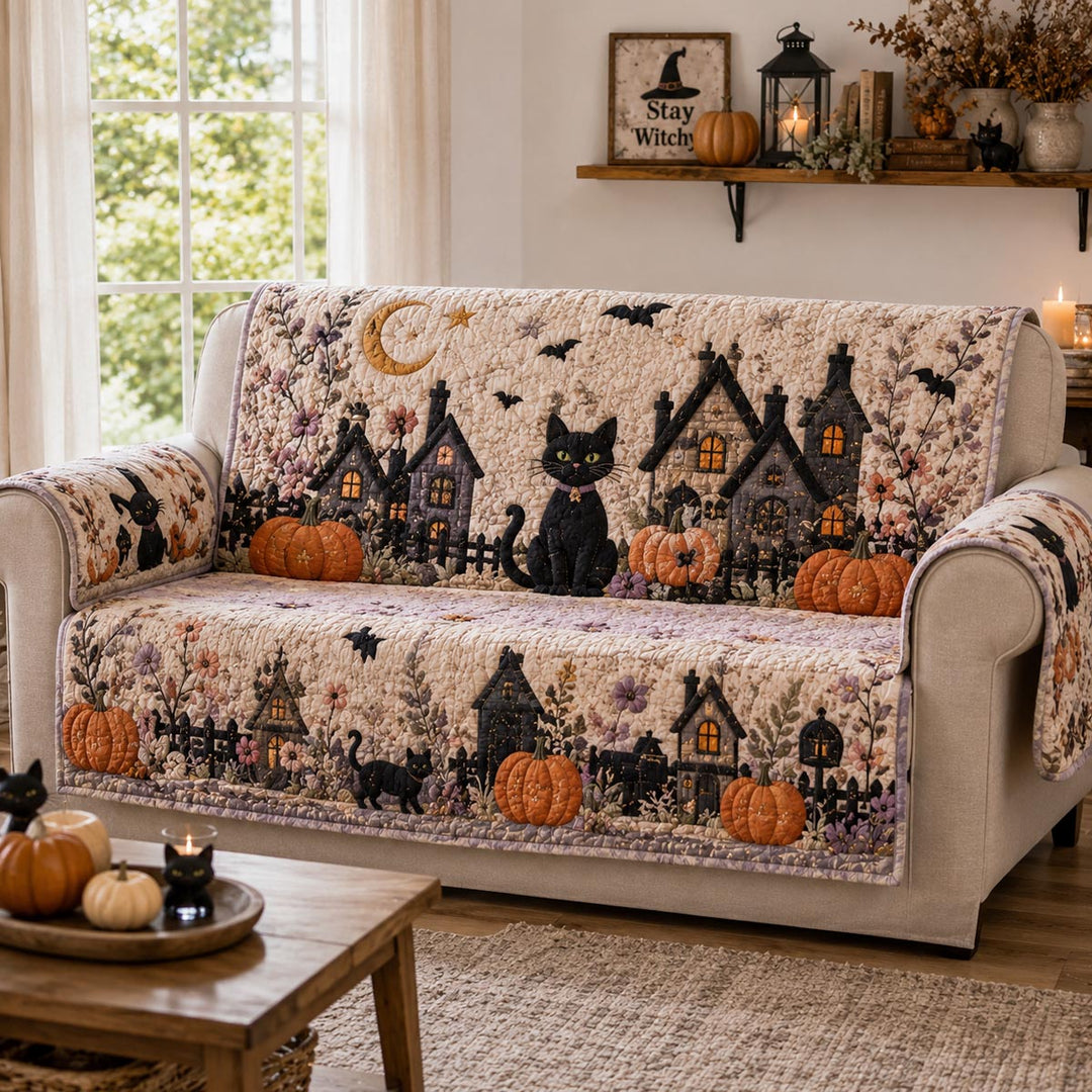 Black Cat Village Quilted Sofa Cover