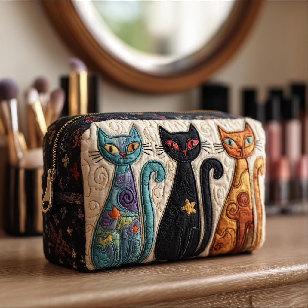 Cat Glow Quilted Cosmetic Bag
