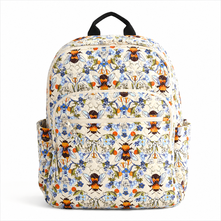 Floral Bee With Triple Zipper Quilted Backpack