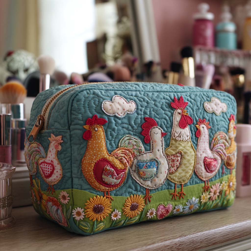 Chicken Garden Quilted Cosmetic Bag