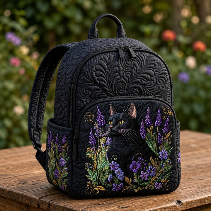 Black Cat And Lavender Quilted Backpack