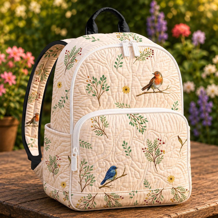 Robin Bird And Botanical Quilted Backpack