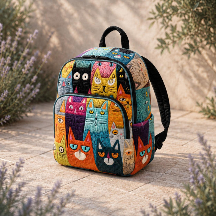 Vibrant Cat Collage Quilted Backpack