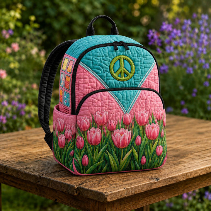 Peace Sign Tulip Hippie Style Quilted Backpack