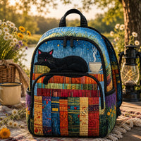 Black Cat By Book Nook Quilted Backpack