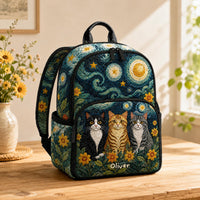 Starry Night Cats Quilted Backpack
