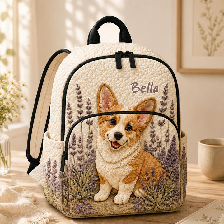 Corgi &amp; Lavender Floral Quilted Backpack