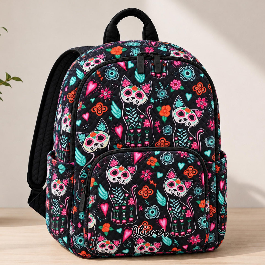 Day Of The Dead Cat Quilted Backpack