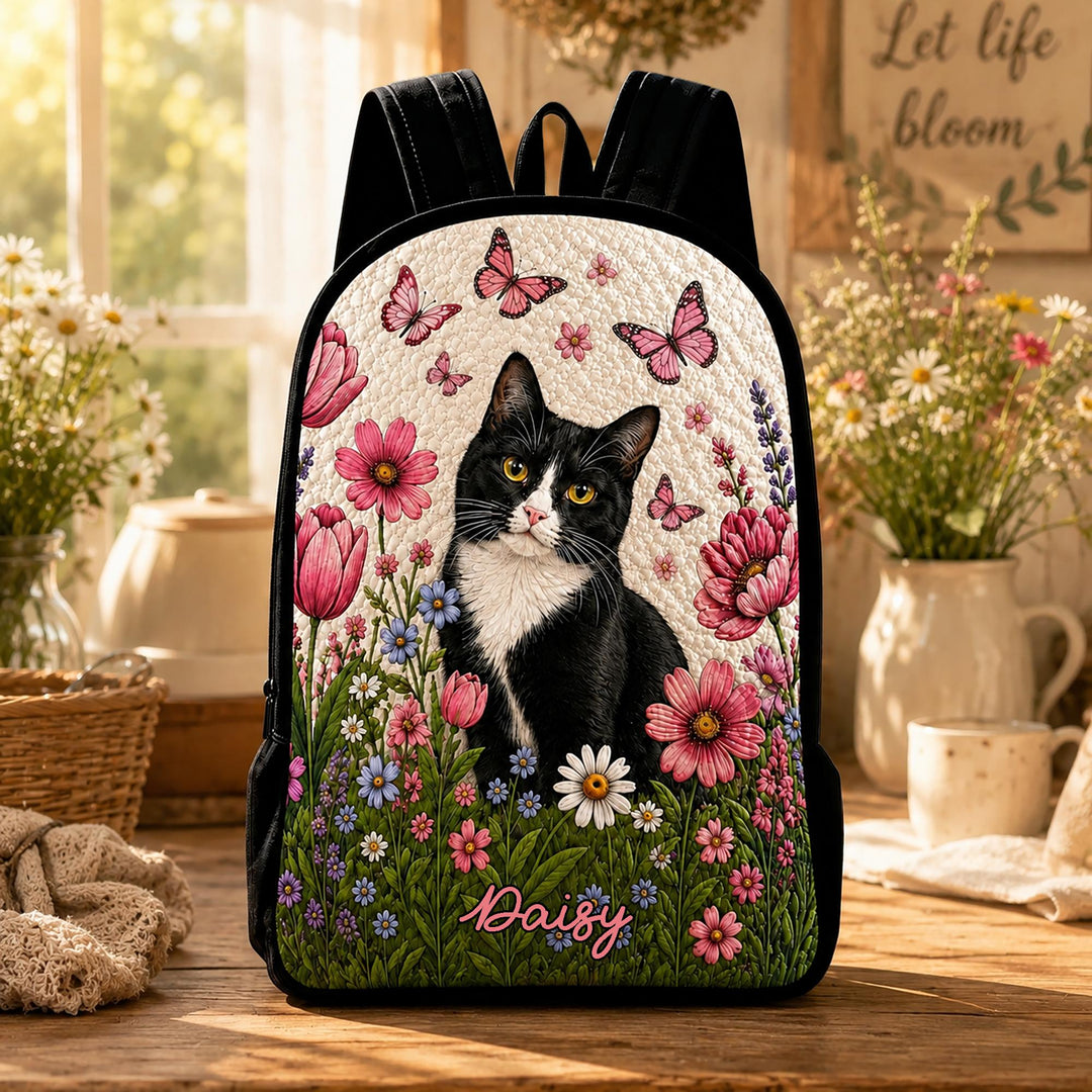 Black Cat And Daisies Quilted Backpack