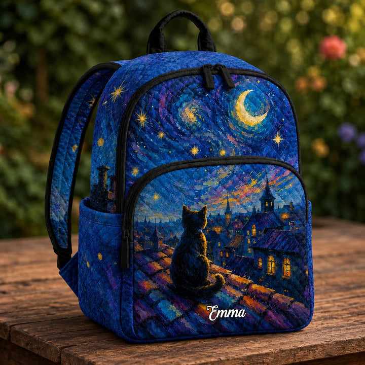 Starry Night Cat Quilted Backpack