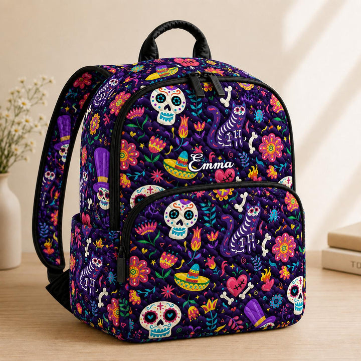 Colorful Floral Dia De Los Muertos Quilted Backpack