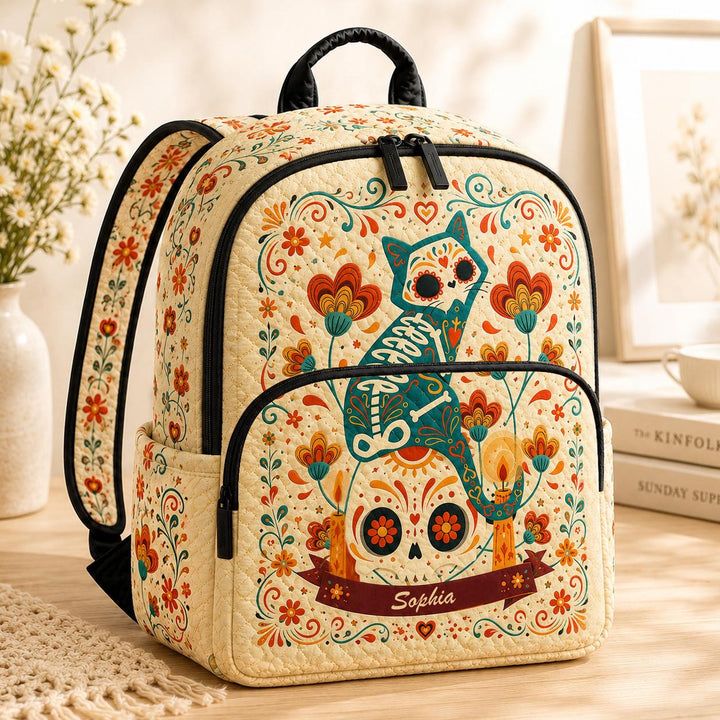 Sugar Skull Cat Quilted Backpack