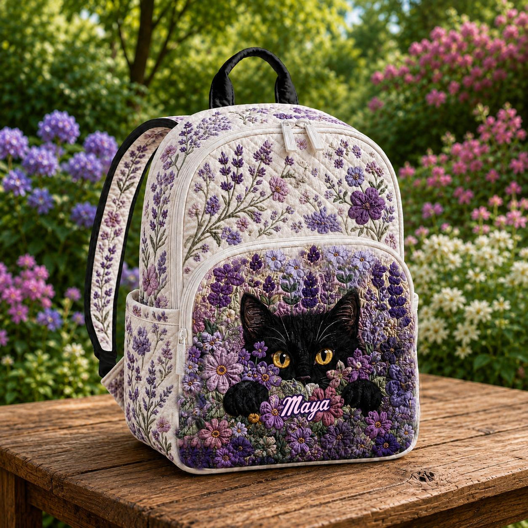 Black Cat &amp; Purple Lavender TN22 Quilted Backpack