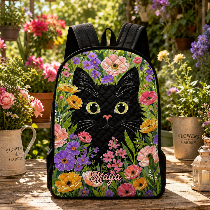 Floral Black Cat With Black Strap TN01 Quilted Backpack