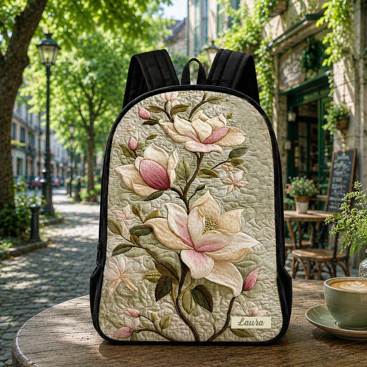 Magnolia Floral With Black Strap TN02 Quilted Backpack