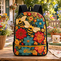 Bee Happy Wildflower With Black Strap TP11 Quilted Backpack