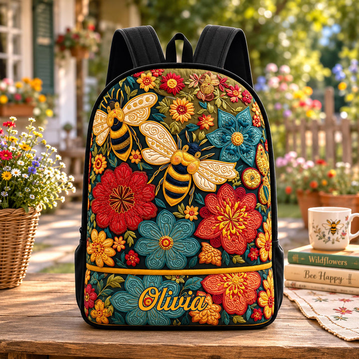 Bee Happy Wildflower With Black Strap TP11 Quilted Backpack