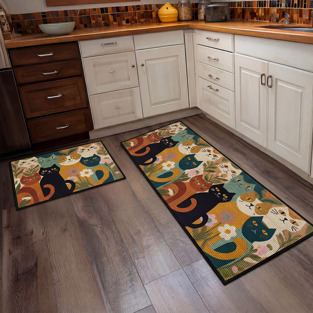 Farmhouse Cat Themed Kitchen Rug Set