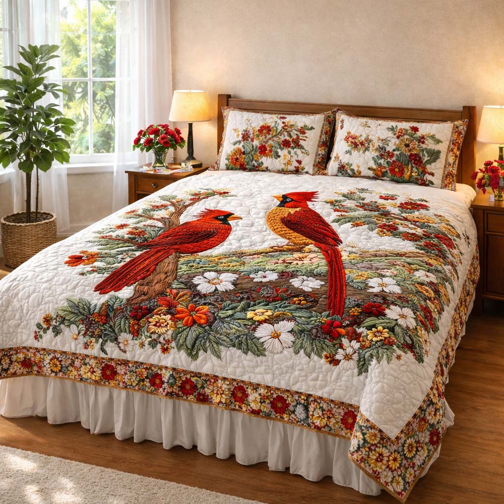 Cardinal Love Dance Quilted Bedding Set