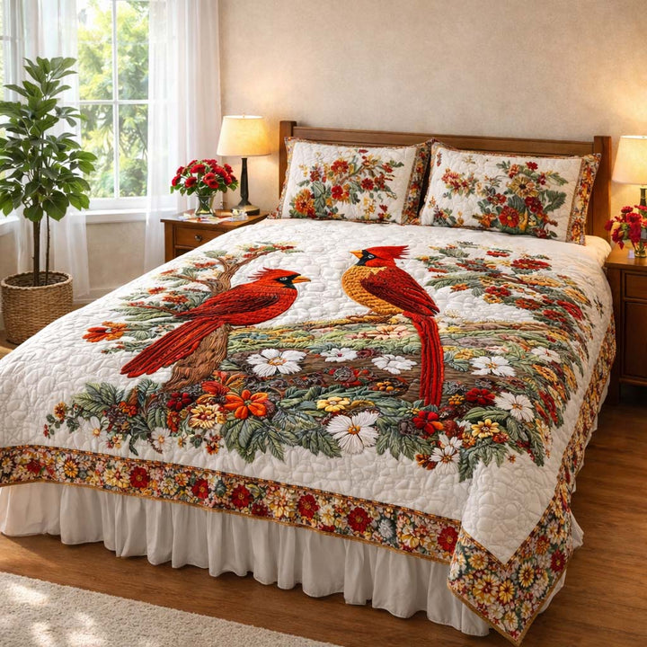 Cardinal Love Dance Quilted Bedding Set