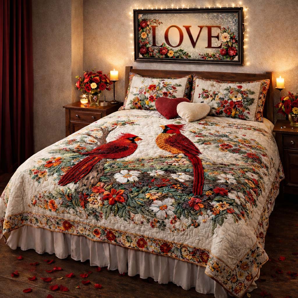 Cardinal Love Dance Quilted Bedding Set