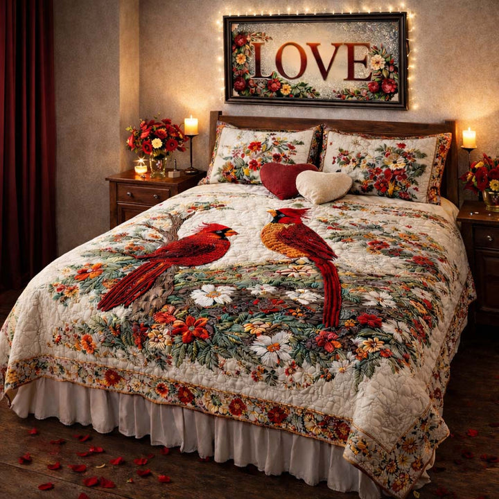 Cardinal Love Dance Quilted Bedding Set