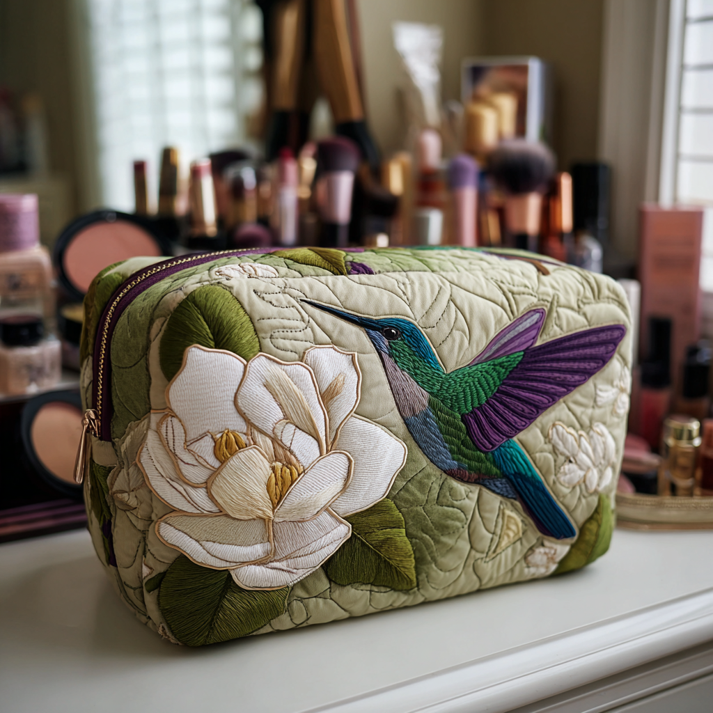 Hummingbird Meadow Quilted Cosmetic Bag