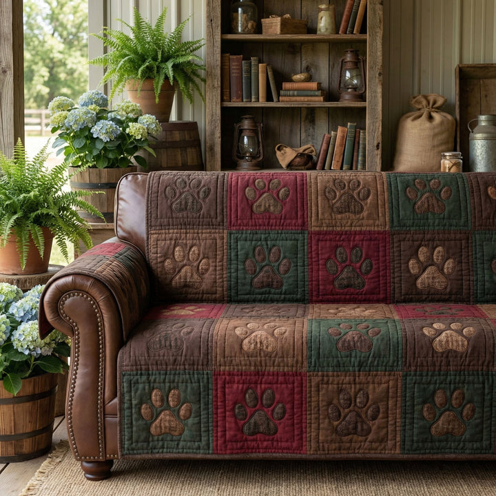 Rustic PawPrints Trail Quilted Sofa Cover