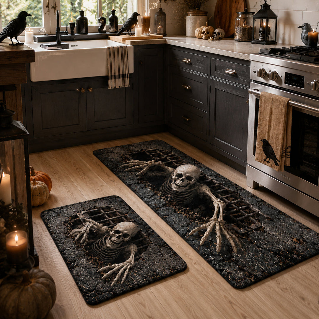 Skeleton Themed Kitchen Rug Set