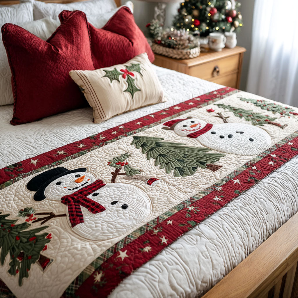 Cheerful Snowman Quilted Bed Runner