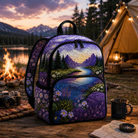 Purple Wildflower And Mountain Quilted Backpack