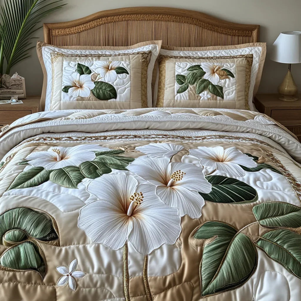 White Hibiscus Quilted Bedding Set