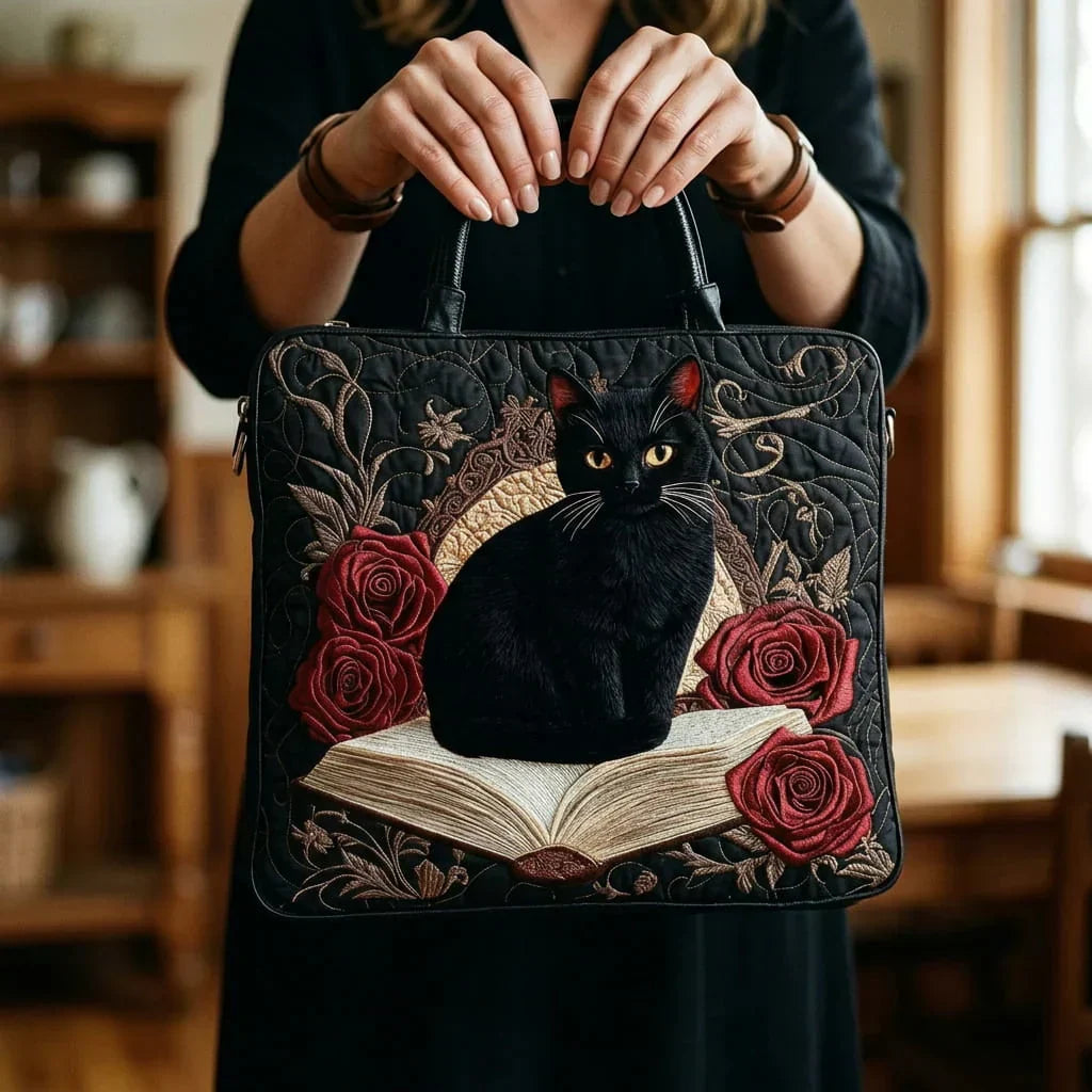 Bag Black Cat Among Books Quilted Tote Bag