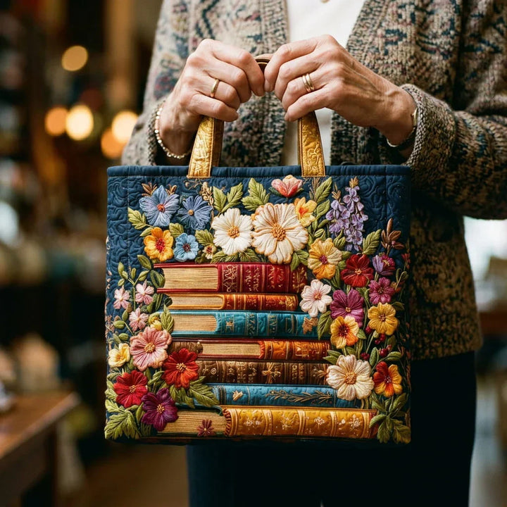 Floral Print With Book Quilted Tote Bag