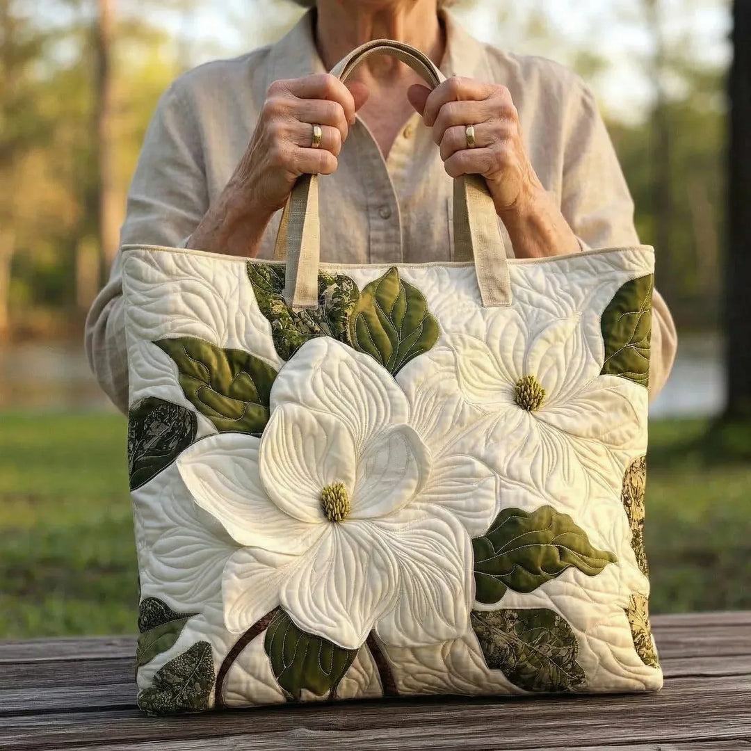 Elegant White Lily Quilted Tote Bag